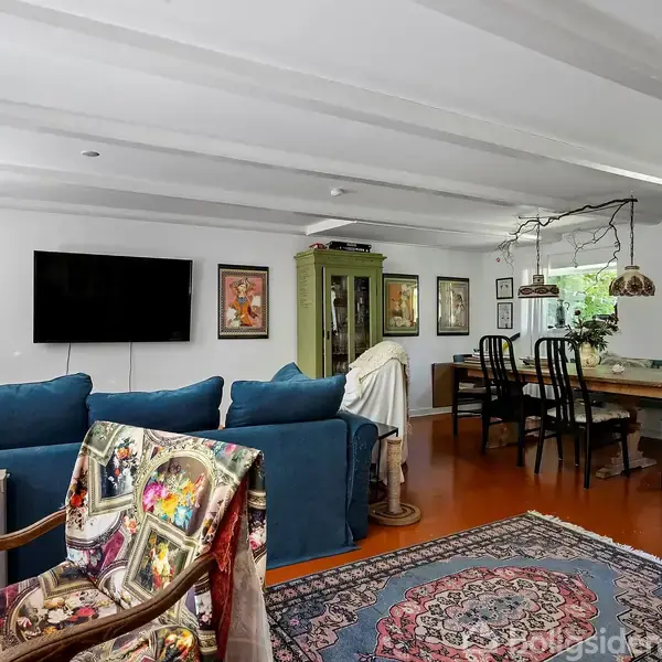 Stue med en blå sofa foran et væghængt tv. Der er kunstværker på væggene, et spisebord med sorte stole og et farverigt tæppe, der dækker trægulvet.