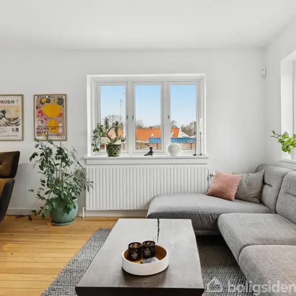 En grå sofa står i et lyst, moderne stueområde med træplankegulv, pyntet med puder. Der står planter ved vinduerne, mens kunstplakater hænger på væggen. Kaffebordet har en skål.