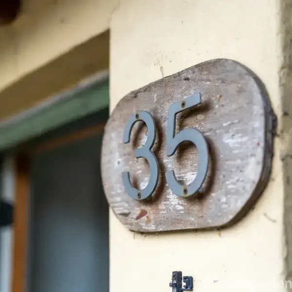 Et træskilt med tallet "35" hænger på en væg, lidt over et vindue. Skiltet ser slidt ud, og malingen er afskallet flere steder.