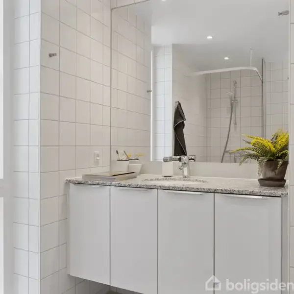 Hvidt badeværelse med vaskeskab og spejl, grøn plante og hygiejneprodukter. Til højre står en Siemens vaskemaskine. Flisebelagt væg, brusebad i hjørnet, naturligt lys fra vindue.