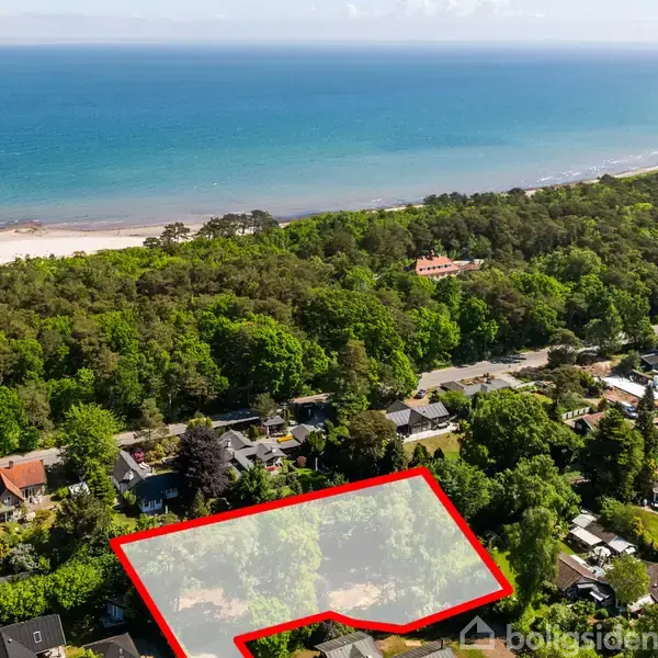 Grunden er indrammet i en rød kant, ligger i et skovområde nær en strand. Baggrunden viser omfattende grøn beplantning, huse og en kystlinje med blåt hav.