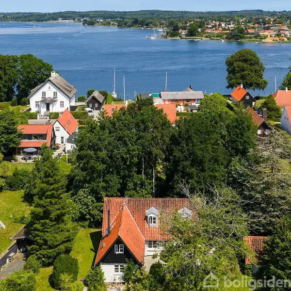 Røde taghuse ligger stille i en frodig haveby ved vandet. En rolig blå flod omkranser beboelseskvarteret med tæt skov og landsbybebyggelse i baggrunden.