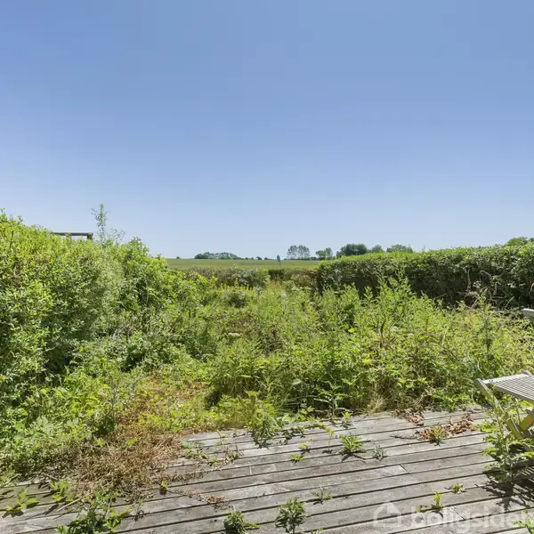 Træstole står på en træterrasse dækket af ukrudt og græs, mens den grønne have breder sig ud mod en åben, solrig markhorisont under en klar blå himmel.