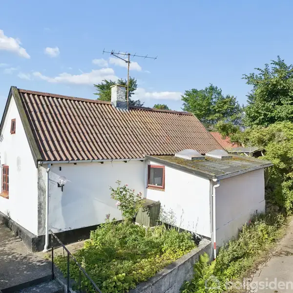 Et hvidt hus med rødt tegltag står ved en smal sti omkranset af grønne buske og træer. Huset har en antenne på taget og en enkelt skorsten.