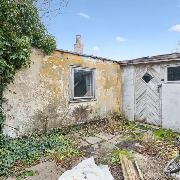 En slidt udendørs væg med et lille vindue og en dørramme ses i en gårdhave. Muren er tilgroet med planter og omgivet af fliser, cykel og bunker med mursten.