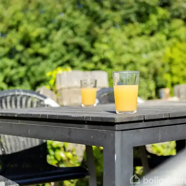 To glas med juice står på et sort havebord. I baggrunden ses grønne buske og træer. Sollyset strømmer ind over terrassen, hvilket giver en frisk sommerfeeling.