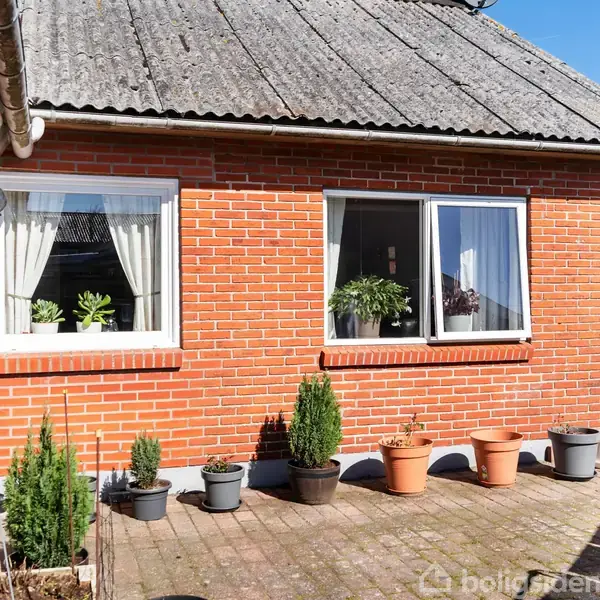 Rødt murstenshus med to store vinduer fyldt med potteplanter på en flisebelagt terrasse. Flere blomsterkrukker står langs husvæggen under en blå himmel.