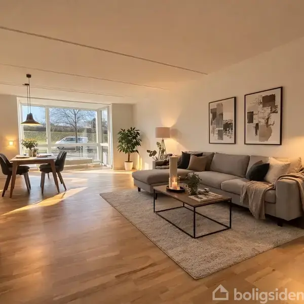 Stue med lyse trægulve, sofa og sofabord på et tæppe. Spisebord med stole ved store vinduer, der giver udsigt til natur. Vægkunst og lamper supplerer rummet.