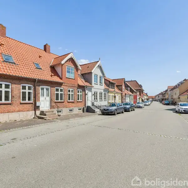 Rækkehuse med røde tegltage står langs en stille gade under en blå himmel. Biler er parkeret langs vejen, og samfundet ser fredfyldt og solrigt ud.