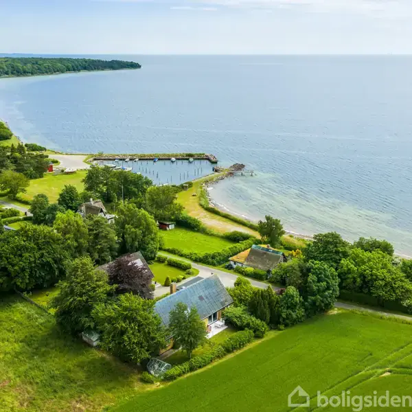 Hus omgivet af frodige træer ligger nær en kyst med en mole. Omkringliggende marker og skov strækker sig mod horisonten, hvor havet møder himlen.