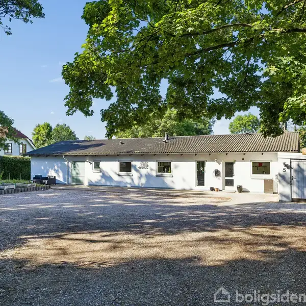 En enkel, hvid bungalow med fladt tag står i en åben gårdsplads omgivet af grønne træer. Sollys skaber skygger på gruset foran huset. Ingen tekst i billedet.