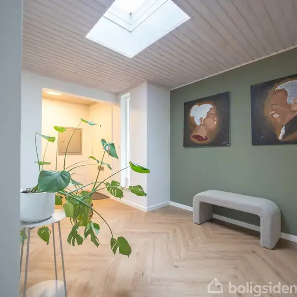 En lys gang har en grøn plante på et stativ. To portrætmalerier hænger på en olivengrøn væg over en beige bænk. Der er et ovenlysvindue i loftet.
