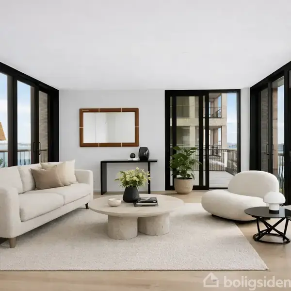Stue med moderne møbler: en lys sofa, rundt bord med dekorationer og to lænestole. Store vinduer bagtil giver udsigt og naturligt lys. Plante og spejl dekorerer rummet.
