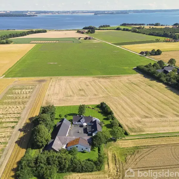 En stor landejendom omgivet af marker ligger som midtpunkt. Omkring ejendommen er gule og grønne marker. I baggrunden ses en kystlinje og en strandkant ved vandet.