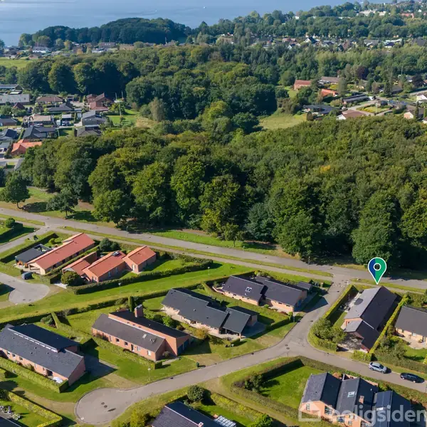 Huse i et boligområde ligger langs snoede veje; bagved ses en stor skov og en fjord i horisonten. En grøn markør peger på et specifikt hus.