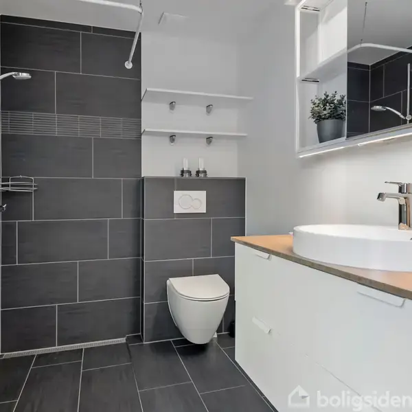 Badeværelse med mørke fliser, bruseområde til venstre, væghængt toilet i midten. Håndvask med hvidt skab på højre side under et spejl. Grøn plante på hylden.