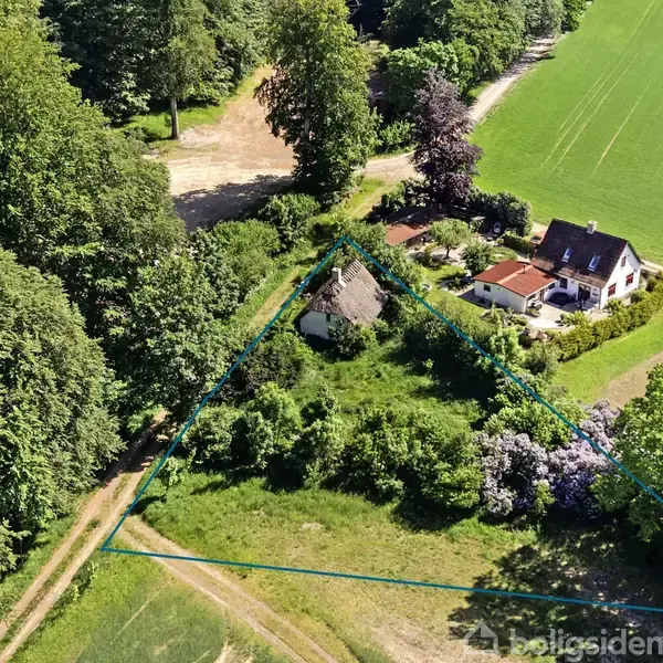 Trekanthuset midt i frodige omgivelser omgivet af træer og marker markerer en afgrænset grund. I nærheden ses en staldbygning og en hvid villa med rødt tag, beliggende langs en grusvej.