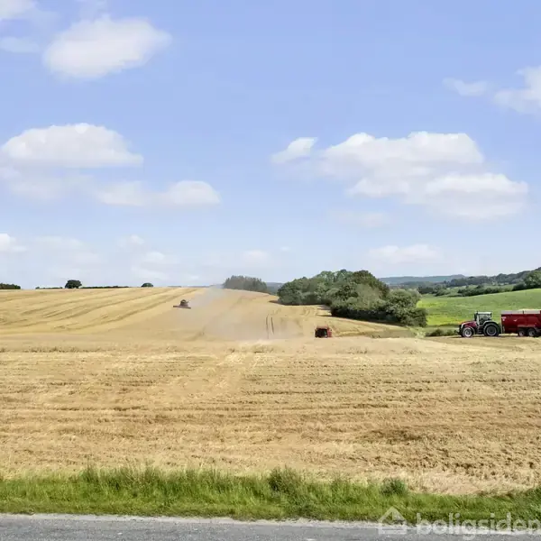 Traktor kører på stor, flad mark med gyldent høstet korn ved siden af landevej; grønne bakker og skove ses i baggrunden under en blå himmel med skyer.
