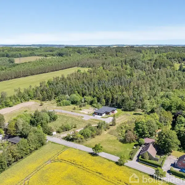 Landskab med spredte huse omgivet af marker og skov. En vej skærer gennem området, der er præget af grønne træer og åbne marker. Klar, blå himmel i baggrunden.