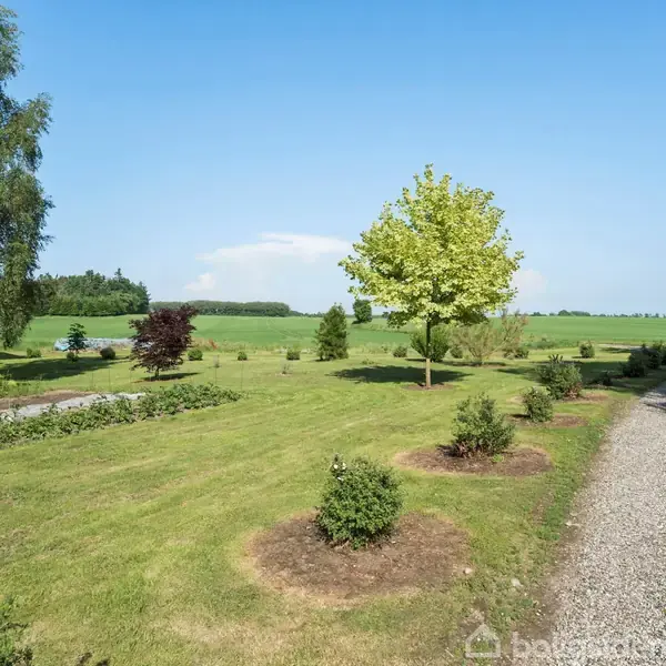 En grussti løber gennem en velplejet have med spredte buske og træer, omgivet af åbne grønne marker under en klar blå himmel.