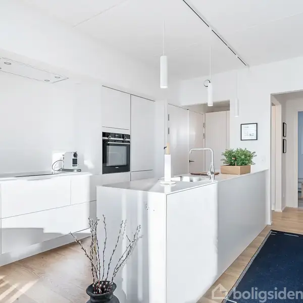 Køkkenet har hvide skabsfronter og en ø med en vask. Der er en ovn indbygget i væggen. Et blåt tæppe ligger på gulvet. En plante står på bordet.