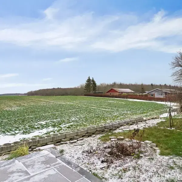 En mark er let dækket af sne, omkranset af en stensætning. I baggrunden ses røde bygninger og træer, mens en grå fliseterrasse og et bart træ findes i forgrunden.