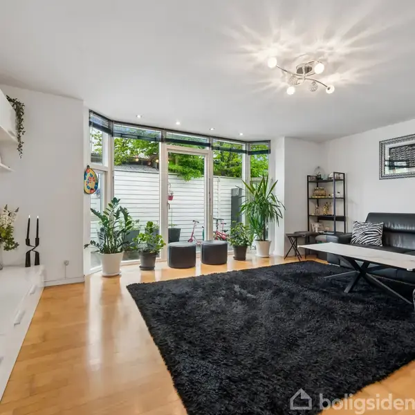 Stue med sort sofa og sofabord set fra siden, placeret omkring en stor sort tæppe. Mange grønne planter ved vinduerne, der lukker lys ind fra haven udenfor.
