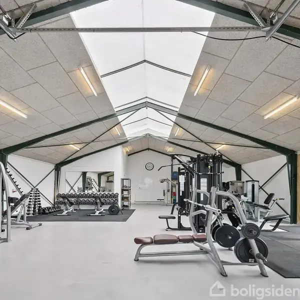 Fitnessudstyr er placeret i en stor, lys hal med spejle og træningsmaskiner. Der er vinduer til højre, som giver udsigt til et grønt område udenfor. En væg med et ur ses i baggrunden.