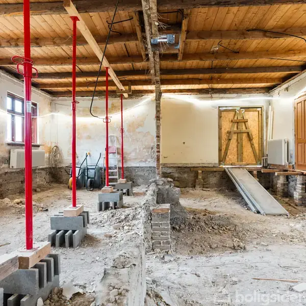 En ufuldendt bygning med røde støttestolper strækker sig mod loftet. Gulvet er ujævnt jord, og rampen leder op til en trækdør. Murværket er under renovering.