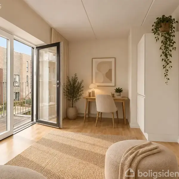 Et skrivebord står ved et stort åbent vindue i et lyst værelse med trægulv, planter og en reol. Tekst: "VISUALISERING".