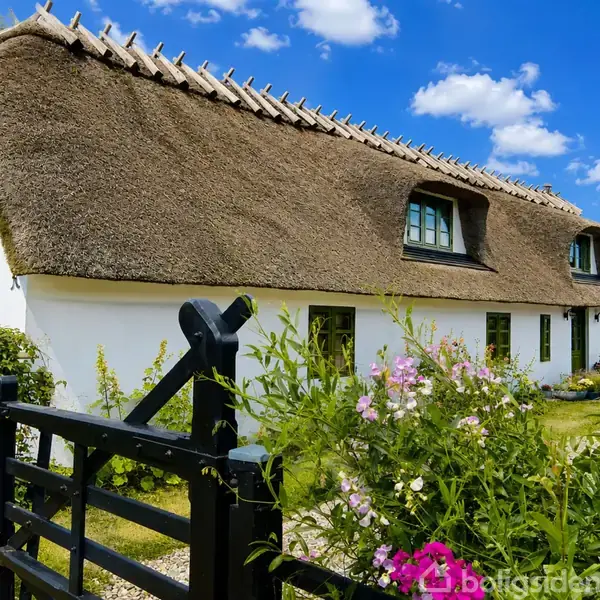 Stråtækt hus med hvide vægge, omkranset af en have med blomster. Under en blå himmel er der en sort træport i forgrunden. Ingen tekst fremgår.