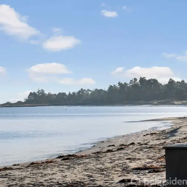 Strand med hav i ro, par går langs kysten, skovklædte træer i baggrunden under blå himmel med lette skyer.