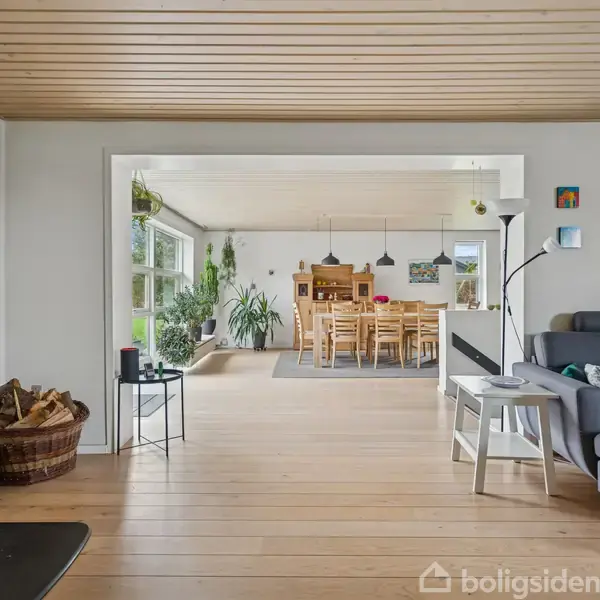 Pejs brænder i stue med træmøbler og planter i baggrund; to rum forbundet af bred åbning. Sofa står til højre, omgivet af lyse træmøbler og vinduer mod haven.