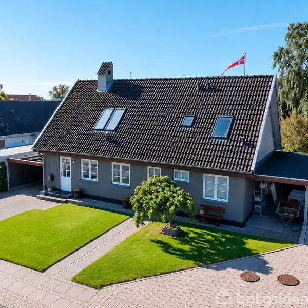 Et gråt hus med mørkt tag og flere ovenlysvinduer. Forhaven har en velplejet græsplæne og en lille træ, omgivet af fliser. En dansk flagstang står til højre.