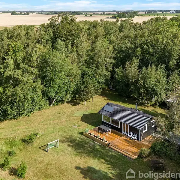 Et sort træhus står stille i en skovklædt åbning, omgivet af tæt grønt løv. En terrasse med møbler grænser op til husets indgang, og en boldmål er på græsplænen.