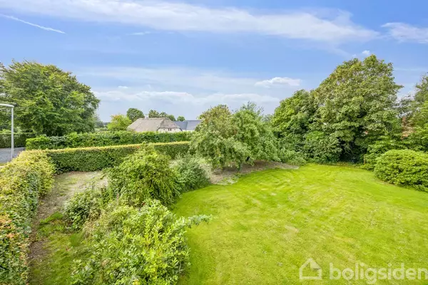 Græsplæne omkranset af frodige buske og træer. I baggrunden ses et stråtagshus. Skyfri blå himmel danner en lysende baggrund.