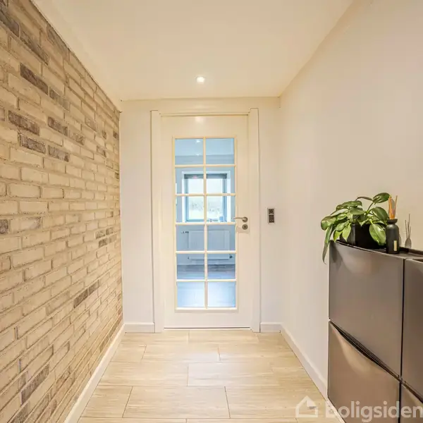 Glasdør adskiller gang med lys trægulv og murstensvæg. Et sort skoskab med grøn plante til venstre. Lyse rum med vinduer kan ses gennem døren.