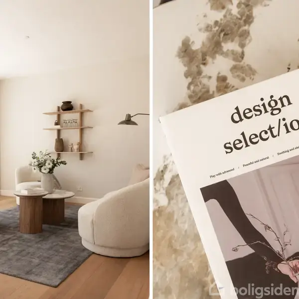 Et stilfuldt rum med hvide møbler og træbord på et gråt tæppe. Hylder med dekorationer på væggen. Et magasin med titlen "design selection" ligger på en marmoroverflade.