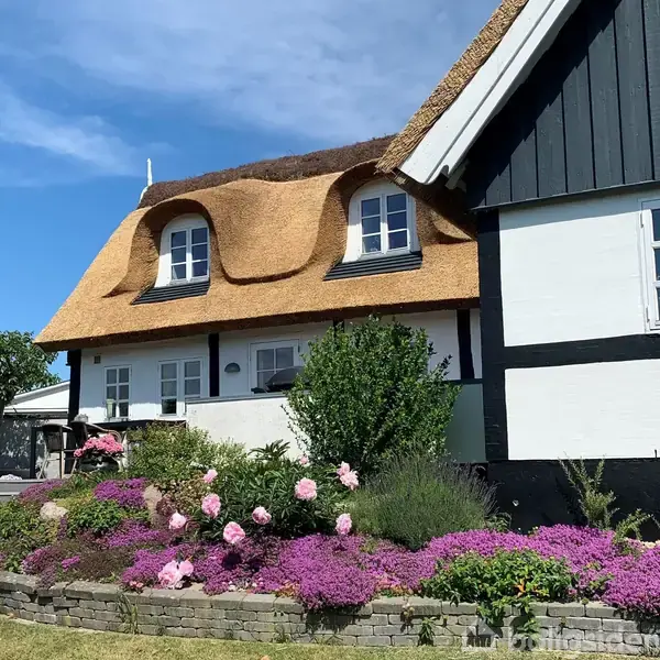 Bindingsværkshus med stråtag og små, hvide vinduer. Omgivet af blomsterbede med farverige blomster, herunder lyserøde og lilla, i en velplejet have under en klar blå himmel.