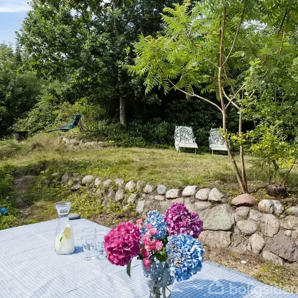 En vase med farverige blomster står på et bord med en ternet dug, ved siden af en kande. I baggrunden er der en stenmur, græsplæne og havemøbler omgivet af træer.