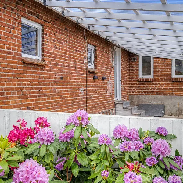 Murstenshus med en hvid pergola, omkranset af farverige blomstrende buske. Huset har flere små vinduer og en trappe fører til en indgangsdør.