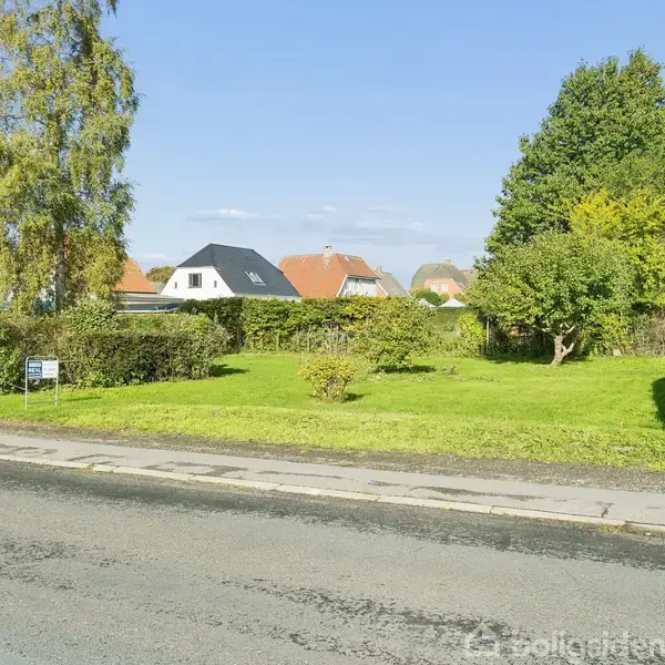 Grønt græsareal med enkelte buske og træer; skilt ved hæk på venstre side. Små rødtage huse i baggrunden under blå himmel med få skyer.
