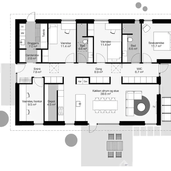 Plantegning viser et hus med entré, bryggers, tre værelser, køkken-alrum og stue, samt bad og WC. Rummet "Værelse/kontor" er 9,5 m², køkken-alrum og stue er 38,5 m².