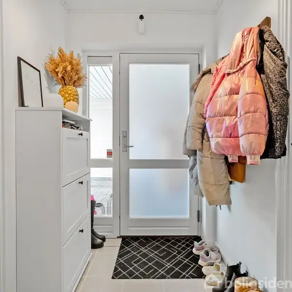 Entré med sko og jakker hængende på væggen; et skoskab står til venstre med tørrede blomster på toppen; en dør med matteret glas fører ud til gangen.