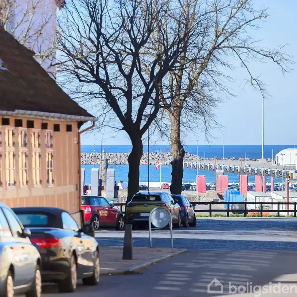 Gaden er omgivet af parkerede biler og farverige bygninger. Træer står langs vejen og havet med synlige bølger ses i baggrunden under en klar blå himmel.