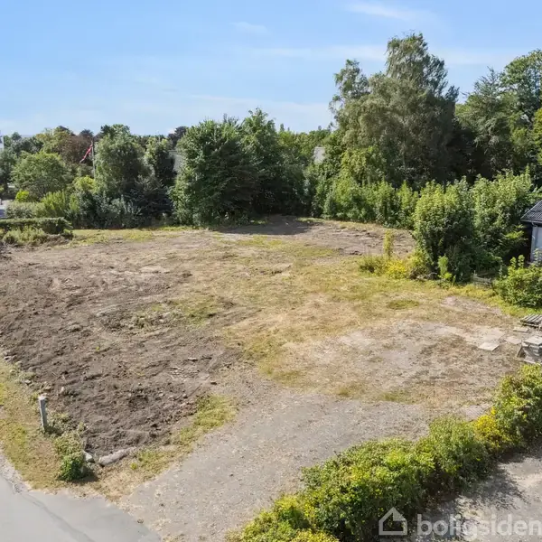 Et ubebygget jordstykke ligger tomt ved siden af en vej, omgivet af tætte træer og buske på kanterne, i en villaområde. Der er ingen tekst på billedet.