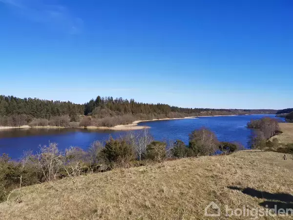 Flod flyder roligt gennem et landskab med græs og sparsomme træer. I baggrunden ses en skov under en klar blå himmel.