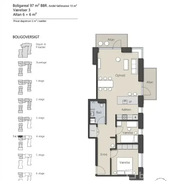 Plantegning viser en lejlighed med opholdsrum, køkken, værelse, badeværelse, og to altaner. Tekst: "BOLIGOVERSIGT, Depot- & P. kælder, Stueetage, 1. etage, 2. etage, 3. etage, 4. etage, 7.41".