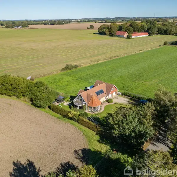 Hus med rødbrune tage, omgivet af grønne marker og træer, set fra luften. Det ligger i et landligt område med flere marker i baggrunden under en blå himmel.
