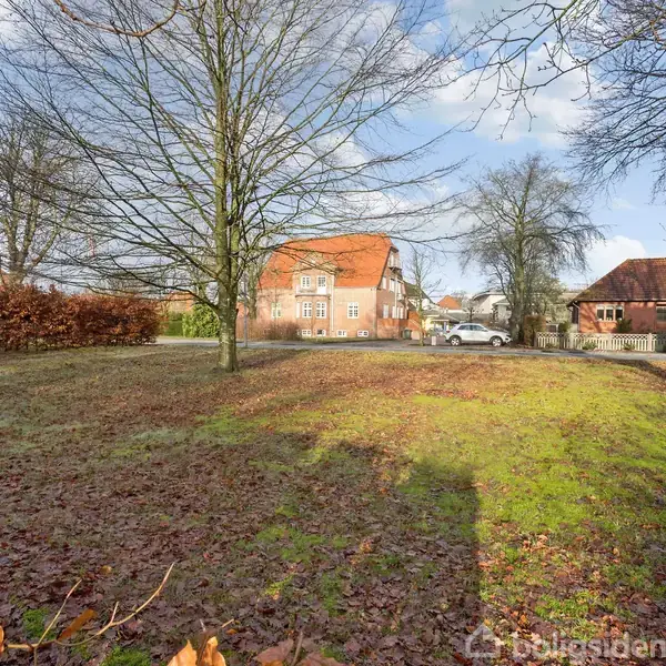 En græsplæne med et tæppe af efterårsblade. I baggrunden står to huse med røde tage. Træer uden blade omkranser området. Himlen er blå med spredte skyer.